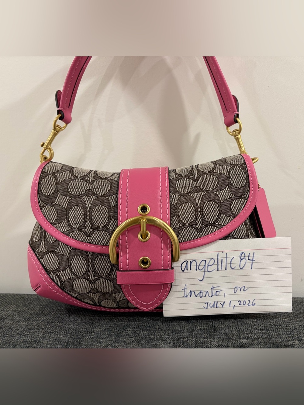 Coach Signature Canvas Shoulder Bag with Pink Leather Trim